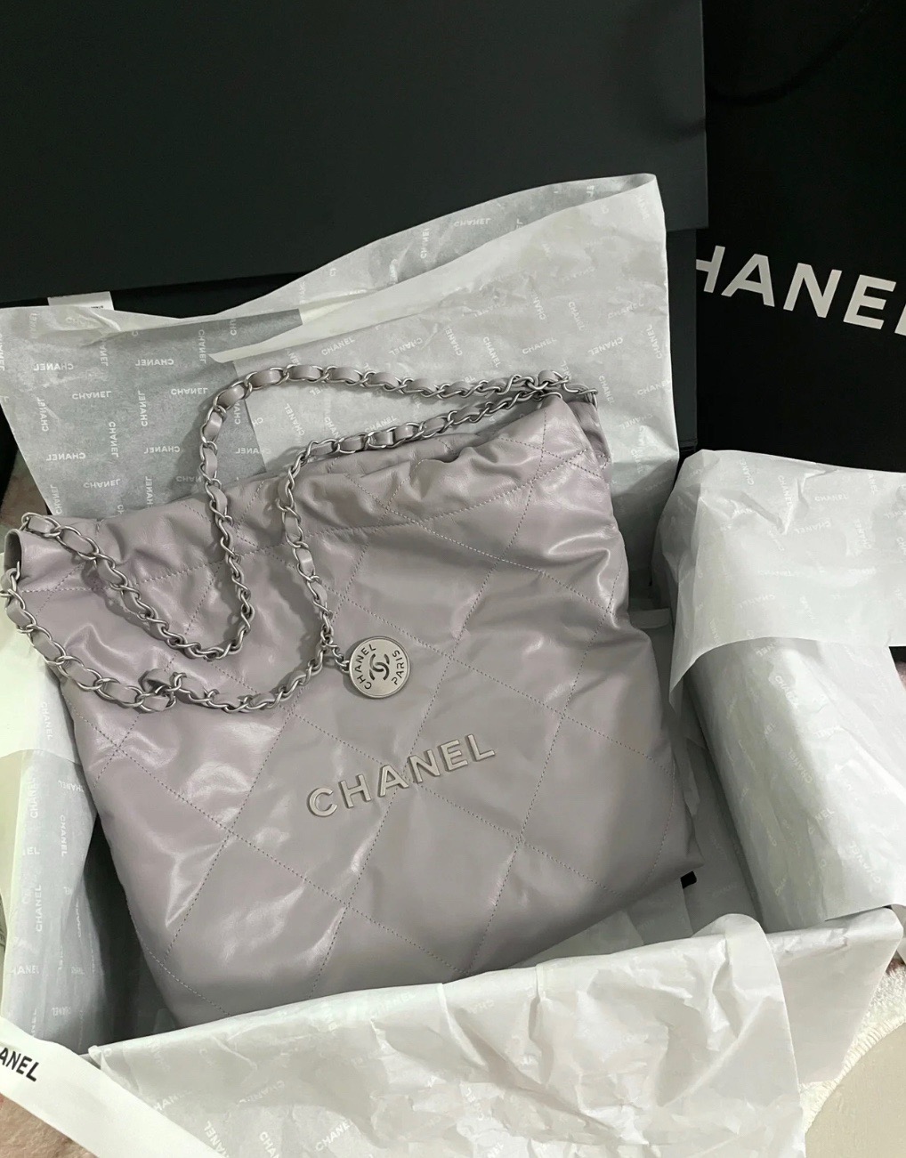 fb638e_96ecf1ec355646afae3e962d527c40a3mv2.jpg Chanel 22B Light Gray Sand Silver Buckle - Image 1