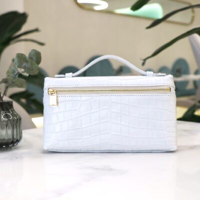Loro Piana Pure White L19 Pouch in Glossy Crocodile Pattern