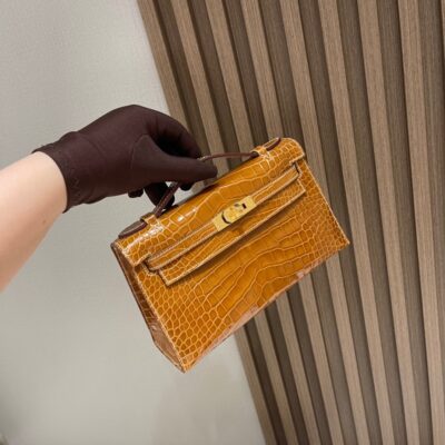 Kelly Pochette Shiny Alligator Tabac-camel
