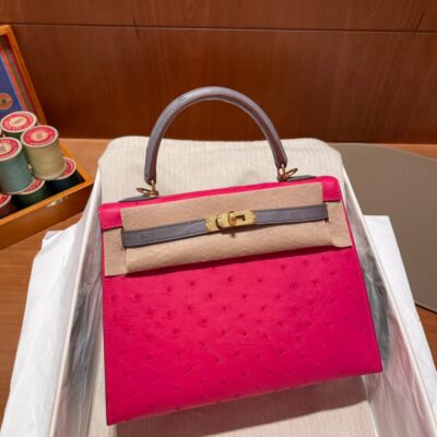 Kelly 25 Ostrich Candy Pink&Agate Grey