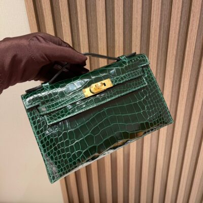 Kelly Pochette American Shiny Alligator Vert Fonce