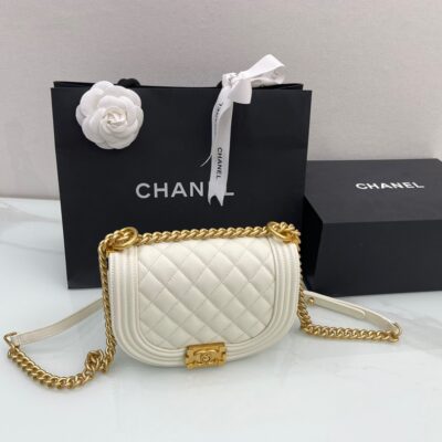 Chanel 22A Le Boy Saddle Bag in White Caviar Leather