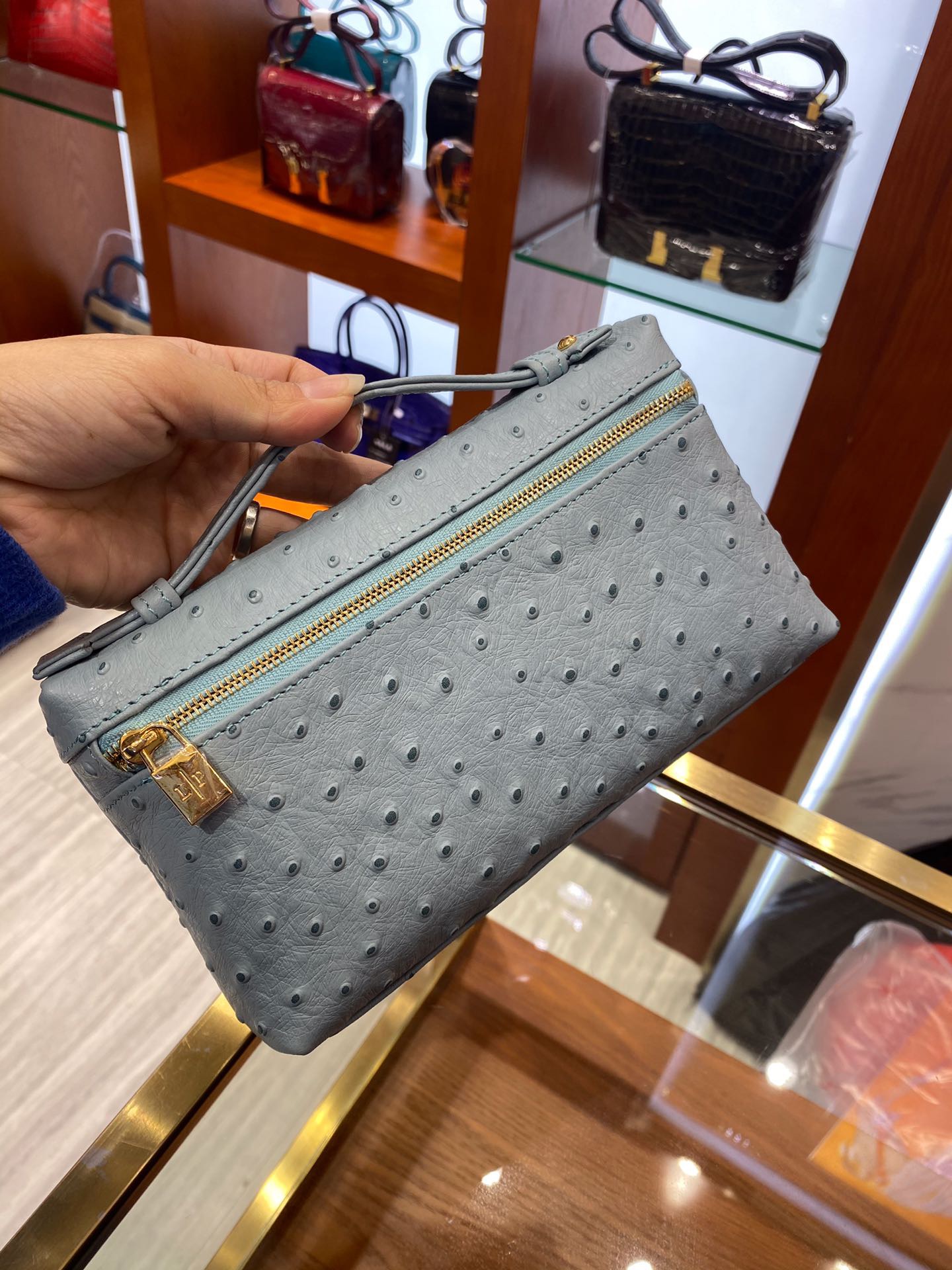 fb638e_cd379482edde4cb8bcaae828df58d649mv2.jpg Loro Piana Gull Grey L19 Pouch in Ostrich - Image 1