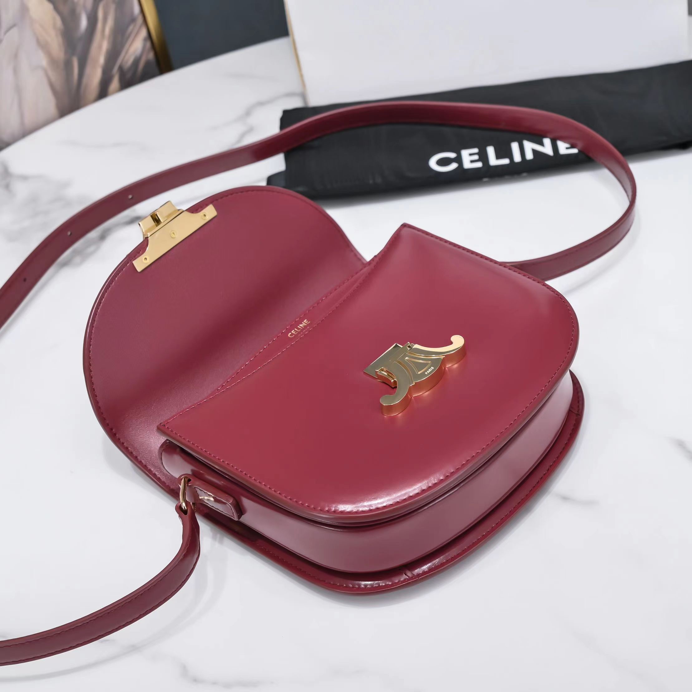 Celine Arc de Triomphe Saddle Bag in Wine Red Calfskin - Image 6