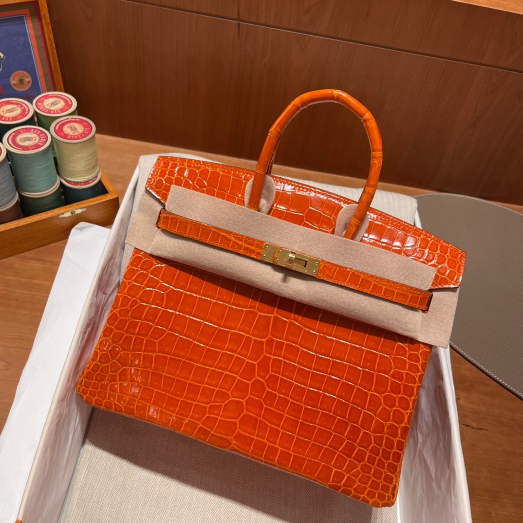 fb638e_d6737412371b45afa329c0a434fca184mv2.jpg Birkin 25 Alligator Porocus Shiny Orange - Image 1