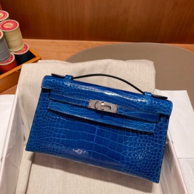 Kelly Pochette Shiny Alligator Bleu Electrique