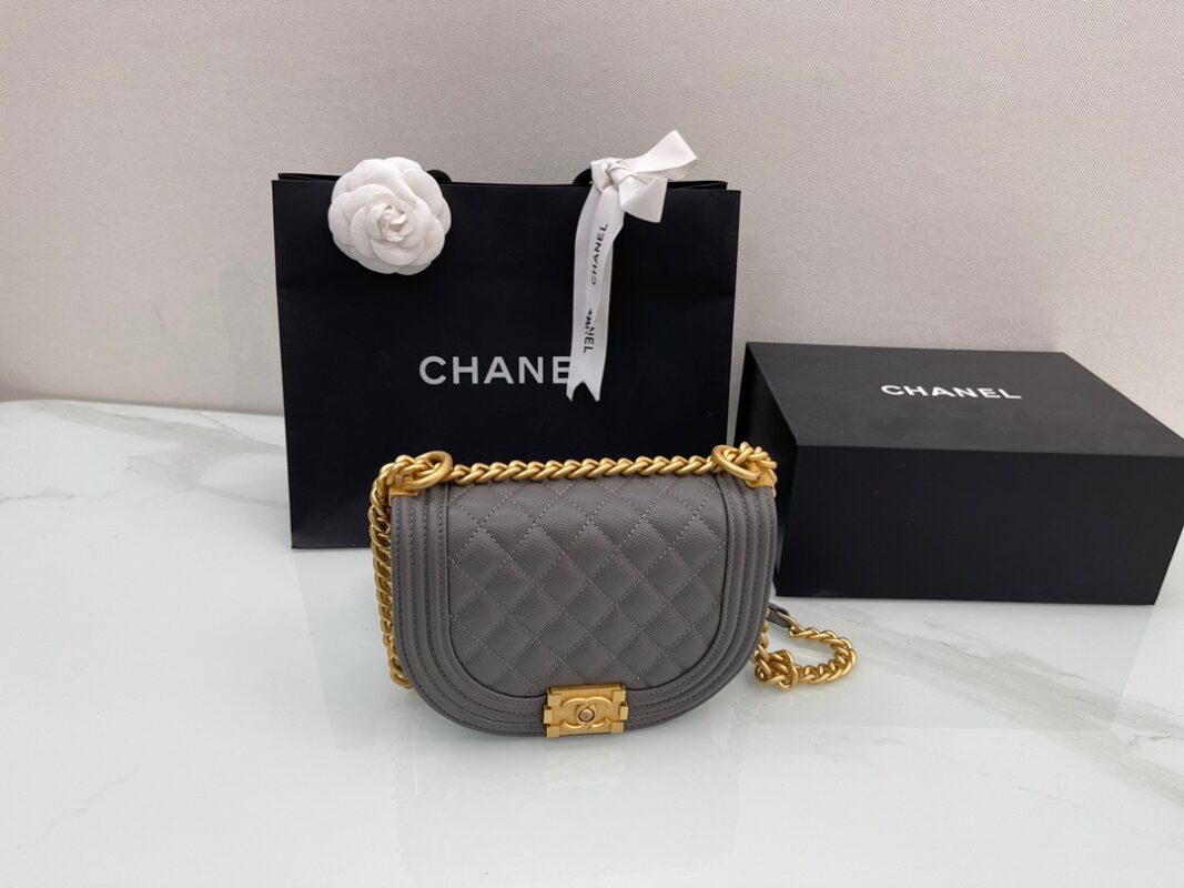 Chanel 22A Le Boy Saddle Bag in Dark Grey Caviar Leather