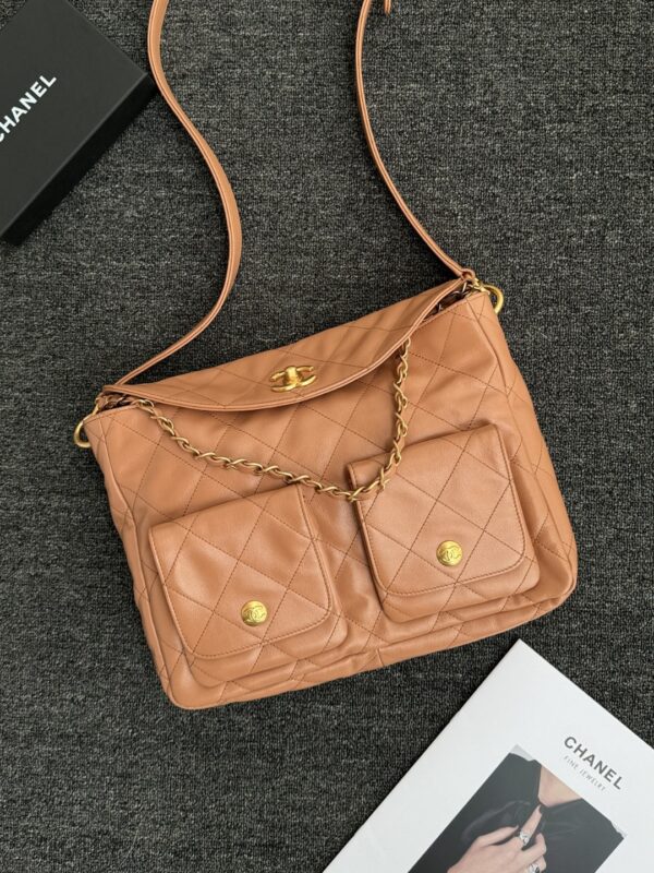 Chanel Double Pocket Hobo Bag Caramel Shiny Calfskin