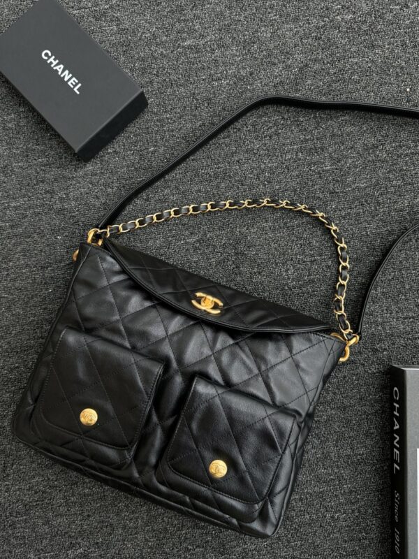 Chanel Double Pocket Hobo Bag Black Shiny Calfskin
