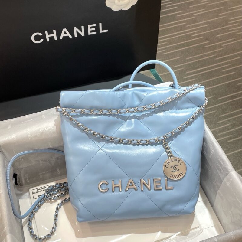 Mini Chanel 22 Shiny Calfskin Quilted Light Blue