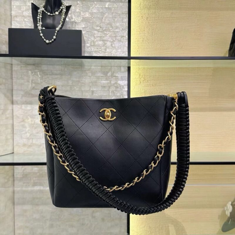 Chanel 23A Calfskin Quilted Framing Chain Hobo Black