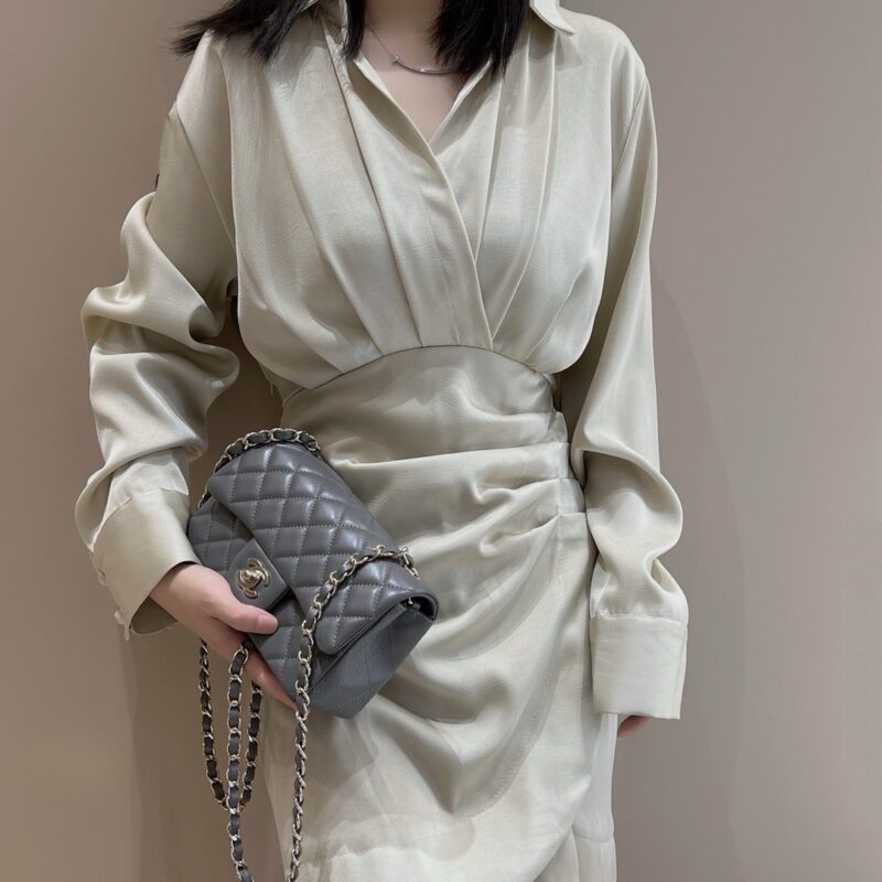 Chanel Classic Grey Lambskin with Gold Hardware 20cm