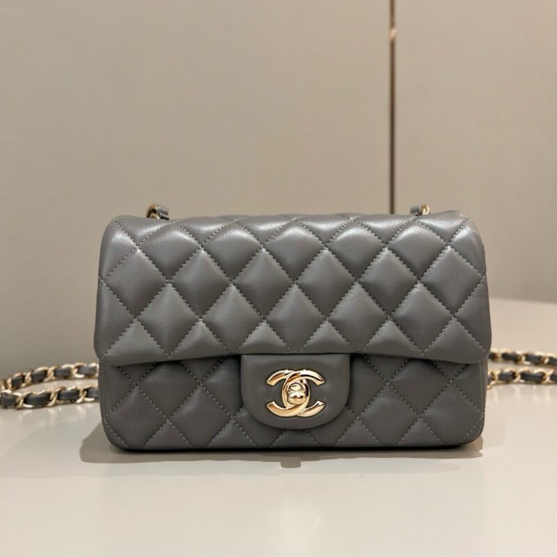 Chanel Classic Grey Lambskin with Gold Hardware 20cm