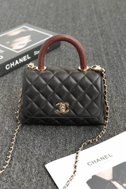 Chanel Mini Coco Handle Black with Lizard Red Handle
