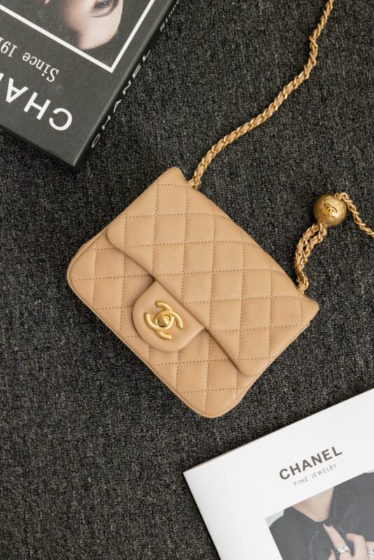 Chanel 23k Hard Bottom Gold Ball Lambskin Milk Tea