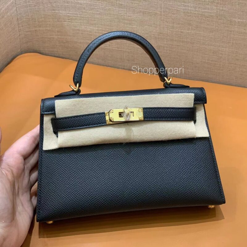 mini Kelly black epsom leather golden hardware
