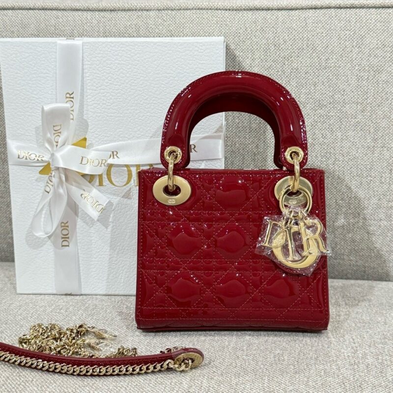 Mini Lady Dior Bag red Bordeaux PatentCannage Calfskin | DIOR authentic quality 2025