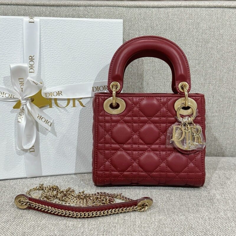 Mini Lady Dior leather bag Bordeaux color authentic quality 2025