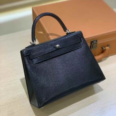 hermes kelly 25 imported lizard leather palladium hardware black noir