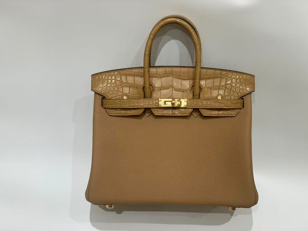 hermes birkin 25 croco touch togo leather biscuit color 24k gold plated hardware authentic quality