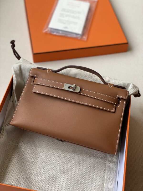 Hermes kelly Pochette swift leather phw bag golden brown fully handmade 2026 authentic quality