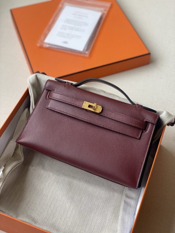 Hermes kelly Pochette swift leather ghw bag burgundy fully handmade 2026 authentic quality